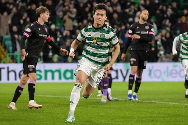Celtic's Oh Hyeon-gyu celebrates after scoring the late winner over St Mirren. (Photo by Craig Williamson / SNS Group)