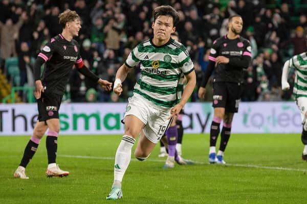 Celtic's Oh Hyeon-gyu celebrates after scoring the late winner over St Mirren.  (Photo by Craig Williamson / SNS Group)