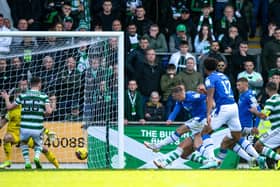 Alex Mitchell scores St Johnstone's equaliser in the 2-1 defeat to Celtic at McDiarmid Park. (Photo by Ross MacDonald / SNS Group)