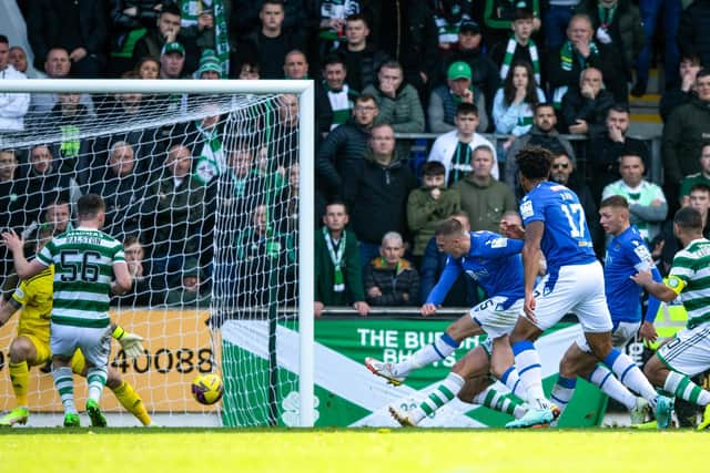 Alex Mitchell scores St Johnstone's equaliser in the 2-1 defeat to Celtic at McDiarmid Park. (Photo by Ross MacDonald / SNS Group)