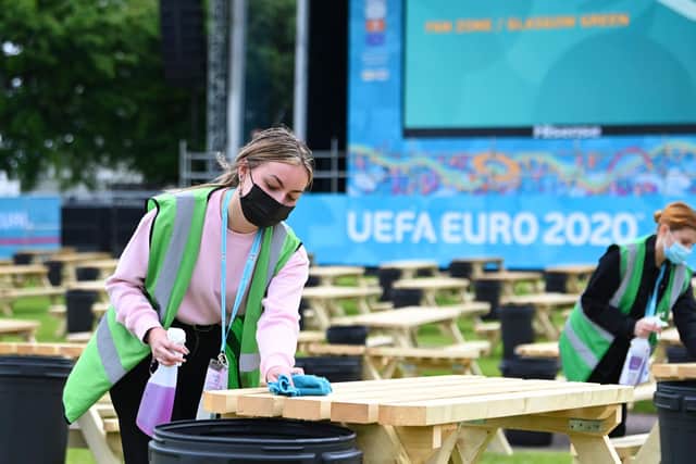 Finishing preparations are made to the UEFA EURO 2020 Fan Zone at Glasgow Green.