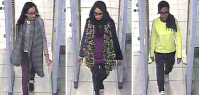 Pictured going through security at Gatwick airport while travelling to Syria in 2015 are: Kadiza Sultana, then 16, Shamima Begum, then 15 and Amira Abase, then 15 (Picture: Metropolitan Police via PA)