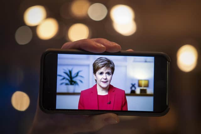 The keynote speech by First Minister and SNP party leader Nicola Sturgeon is streamed online during the virtual SNP annual conference. Picture: Jane Barlow/PA Wire