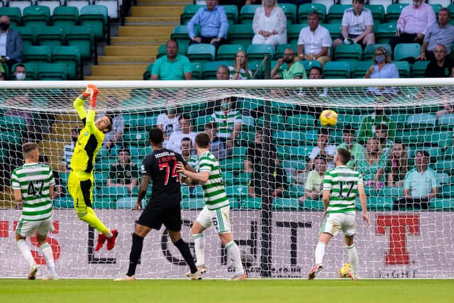 Barkas badly misjudges Evander's shot as Midtjylland level the scores at Celtic Park. Picture: SNS