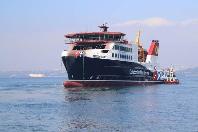 The MV Isle of Islay, a Caledonian Maritime Assets Limited (CMAL) vessel and the first of two vessels to serve the islands of Jura and Islay, taking to the water for the first time on Saturday at Cemre Marin Endustri shipyard in Yalova, Turkey. Picture: CMAL/PA Wire