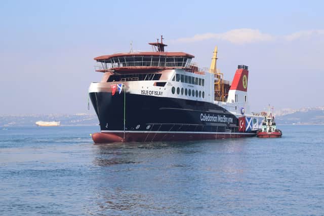 The MV Isle of Islay, a Caledonian Maritime Assets Limited (CMAL) vessel and the first of two vessels to serve the islands of Jura and Islay, taking to the water for the first time on Saturday at Cemre Marin Endustri shipyard in Yalova, Turkey. Picture: Cmal/PA Wire
