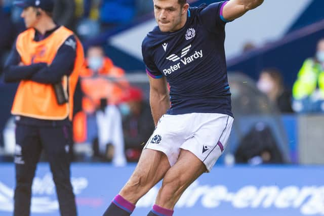 Blair Kinghorn, on kicking duties yesterday, converts Scotland's opening try against Tonga.