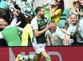 Martin Boyle celebrates his injury-time equaliser for Hibs against Hearts in the Edinburgh derby at Easter Road. (Photo by Rob Casey / SNS Group)