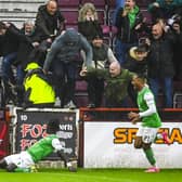 Hibs' Elie Youan sparks bedlam in the away end after scoring his equaliser against Hearts.