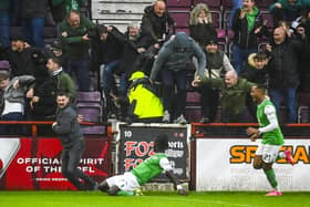 Hibs' Elie Youan sparks bedlam in the away end after scoring his equaliser against Hearts.