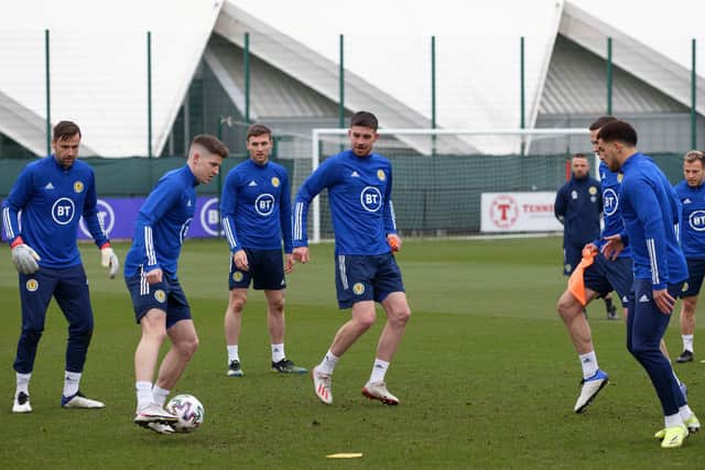 Scotland players are put through their paces at the Oriam ahead of the opening World Cup 2022 qualifier against Austria. (Photo by Craig Williamson / SNS Group)