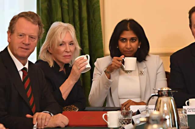 Culture Secretary Nadine Dorries, seen sitting between Scottish Secretary Alister Jack and Attorney General Suella Braverman, attend the first post-reshuffle Cabinet meeting in Downing Street last week (Picture: Jeremy Selwyn/WPA pool/Getty Images)