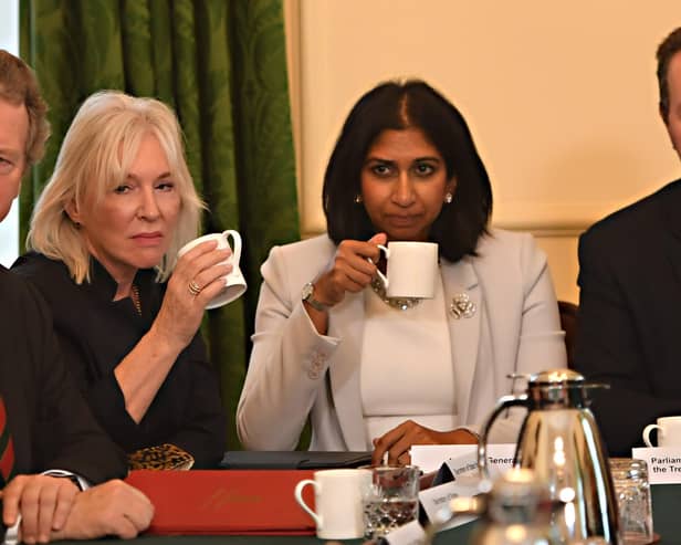 Culture Secretary Nadine Dorries, seen sitting between Scottish Secretary Alister Jack and Attorney General Suella Braverman, attend the first post-reshuffle Cabinet meeting in Downing Street last week (Picture: Jeremy Selwyn/WPA pool/Getty Images)