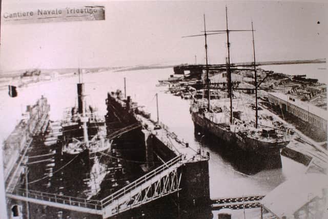 Glenlee, then named Clarastella (right), at the Monfalcone shipyard in Italy around 1922 (Photo by Tall Ship Glenlee Trust)