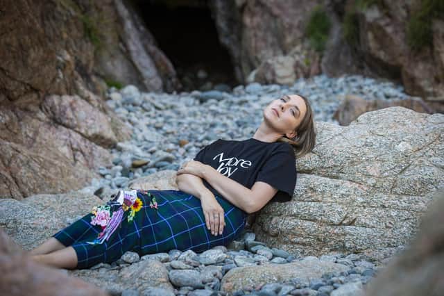 Lynne Coleman wearing t-shirt, £70, Christopher Kane and skirt in Coleman tartan, special weave fabric sold by the metre, DC Dalgliesh. Picture: Sophie Rabey