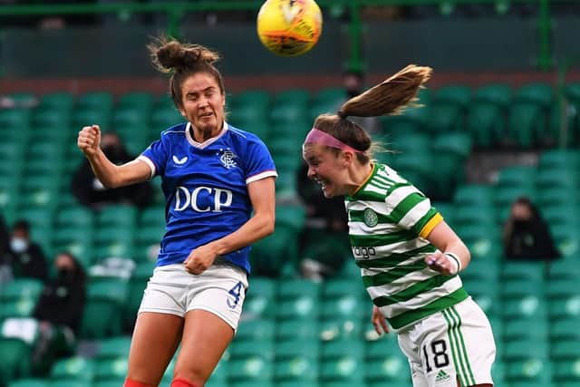 GLASGOW, SCOTLAND - APRIL 21: Rangers' Emma Brownlie (left) competes with Caitlin Hayes during a SWPL match between Celtic and Rangers at Celtic Park, on April 21, 2021, in Glasgow, Scotland. (Photo by Craig Foy / SNS Group)