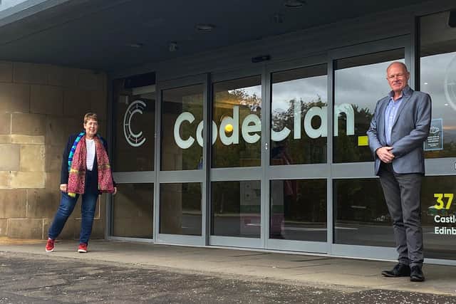 Left to right are Polly Purvis OBE and Bill Douglas of CodeClan, the Scottish digital skills academy. Picture: Killian McAleese