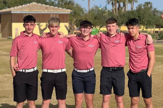Paul Lawrie Academy members Koby Buchan (Cruden Bay), Boyd Gray (Duff House Royal), Jack Mann (Fortrose & Rosemarkie), Oli Blackadder (Deeside) and Ollie Robertson (Deeside) pictured at Desert Springs in Spain. Picture: Paul Lawrie Academy