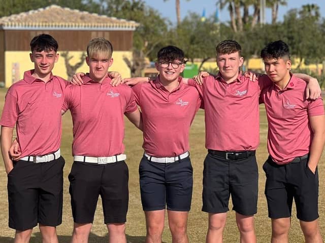 Paul Lawrie Academy members Koby Buchan (Cruden Bay), Boyd Gray (Duff House Royal), Jack Mann (Fortrose & Rosemarkie), Oli Blackadder (Deeside) and Ollie Robertson (Deeside) pictured at Desert Springs in Spain. Picture: Paul Lawrie Academy