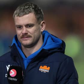 Edinburgh's Darcy Graham on pundit duties for Viaplay during the match against Connacht. (Photo by Ewan Bootman / SNS Group)