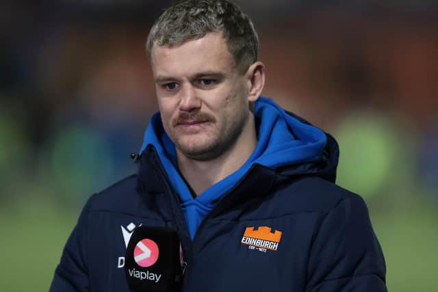 Edinburgh's Darcy Graham on pundit duties for Viaplay during the match against Connacht. (Photo by Ewan Bootman / SNS Group)