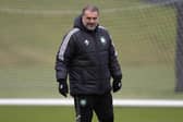 Celtic manager Ange Postecoglou takes training ahead of Wednesday's match against Livingston.