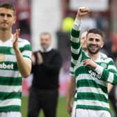 Celtic's Greg Taylor celebrates at full time after scoring the winner in the 4-3 victory over Hearts at Tynecastle Park. (Photo by Craig Williamson / SNS Group)