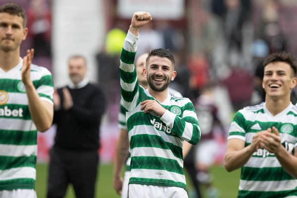 Celtic's Greg Taylor celebrates at full time after scoring the winner in the 4-3 victory over Hearts at Tynecastle Park. (Photo by Craig Williamson / SNS Group)