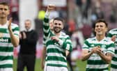 Celtic's Greg Taylor celebrates at full time after scoring the winner in the 4-3 victory over Hearts at Tynecastle Park. (Photo by Craig Williamson / SNS Group)