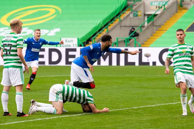 Rangers' Connor Goldson celebrates scoring his second goal of the game at Celtic Park. Picture: SNS