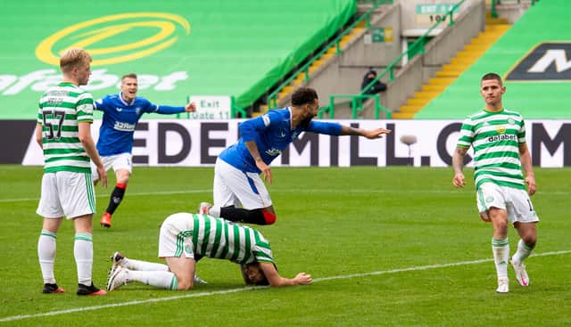 Rangers' Connor Goldson celebrates scoring his second goal of the game at Celtic Park. Picture: SNS