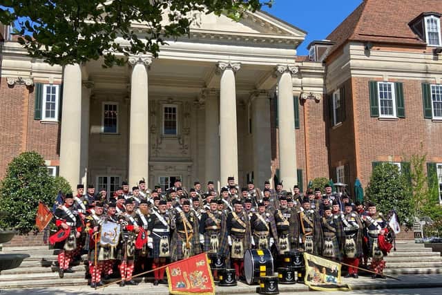 The Atholl Highlanders are pictured outside the British Embassy in Washington