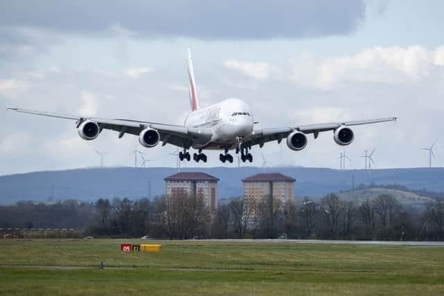 The world's largest airliner landing at Glasgow Airport for the first time since September 2019. Picture: Chris James/PA Wire