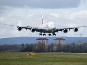 The world's largest airliner landing at Glasgow Airport for the first time since September 2019. Picture: Chris James/PA Wire