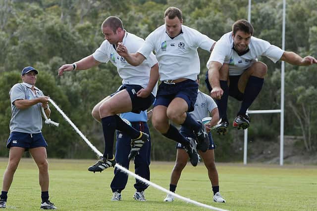 Stuart Grimes, centre, and Jason White, left, during Scotland training in Australia at the 2003 Rugby World Cup. Picture: Jamie McDonald/Getty Images