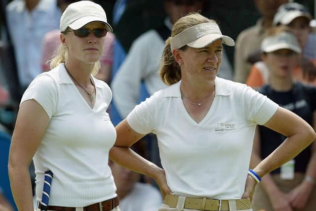International team members Janice Moodie and Catriona Matthew during the 2005 Lexus Cup in Singapore. Picture: Stanley Chou/Getty Images.