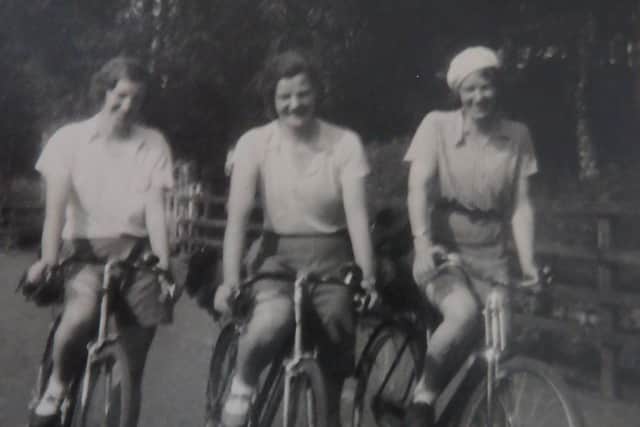 The three Harvie sisters Ella, Mary and Jean on their cycling holiday around Scotland in 1936.