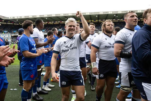 Scotland's Darcy Graham celebrates at full time after the win over France at Scottish Gas Murrayfield. (Photo by Craig Williamson / SNS Group)