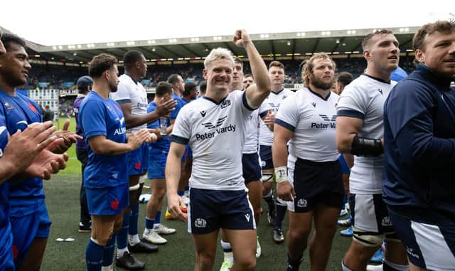 Scotland's Darcy Graham celebrates at full time after the win over France at Scottish Gas Murrayfield.  (Photo by Craig Williamson / SNS Group)