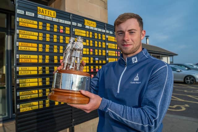 Forres player Matty Wilson shows off the Battle Trophy after his seven-shot success. Picture: Crail Golfing Society