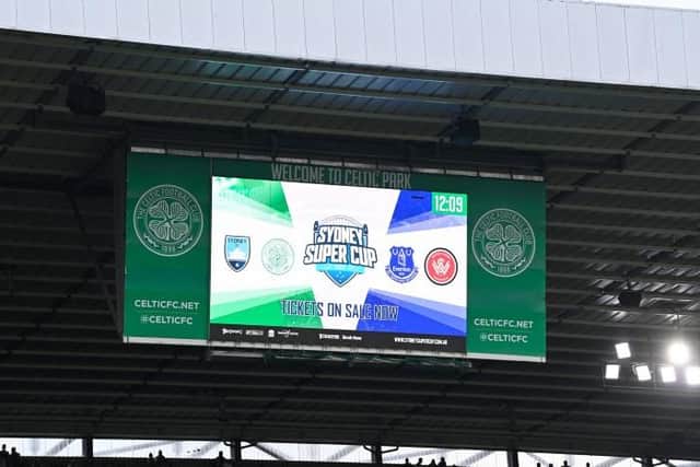 The Sydney Super Cup advertised on the big screens at Celtic Park last September following Rangers' withdrawal. (Photo by Rob Casey / SNS Group)