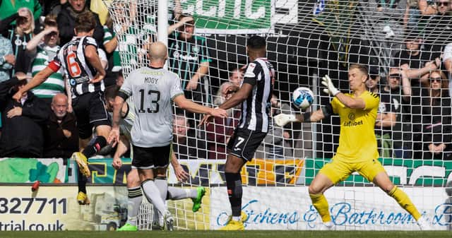 St Mirren's Mark O'Hara  powers in the opener as Celtic defence left all at sea for one of several occasions in a famous 2-0 triumph for the Paisley club.  (Photo by Alan Harvey / SNS Group)