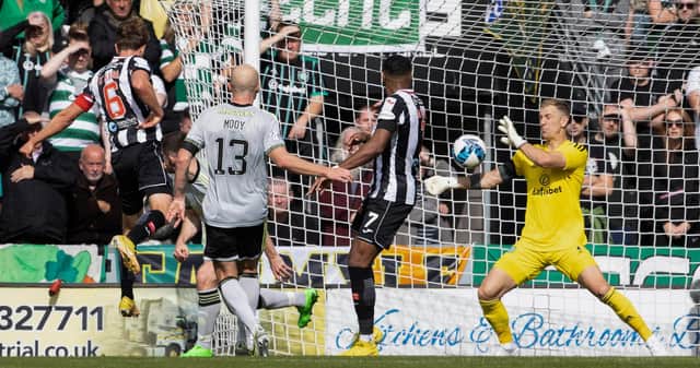 St Mirren's Mark O'Hara powers in the opener as Celtic defence left all at sea for one of several occasions in a famous 2-0 triumph for the Paisley club. (Photo by Alan Harvey / SNS Group)