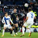 Scotland's Tommy Conway has a late chance during the 2-2 friendly draw with Finland at Hampden. (Photo by Craig Foy / SNS Group)