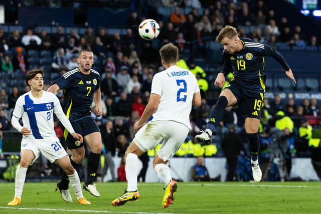 Scotland's Tommy Conway has a late chance during the 2-2 friendly draw with Finland at Hampden. (Photo by Craig Foy / SNS Group)