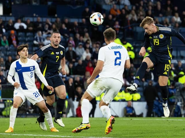 Scotland's Tommy Conway has a late chance during the 2-2 friendly draw with Finland at Hampden. (Photo by Craig Foy / SNS Group)