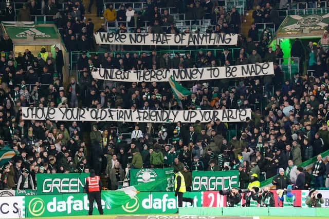 Celtic fans unfurled a banner against a proposed Old Firm friendly in Australia.  (Photo by Craig Williamson / SNS Group)