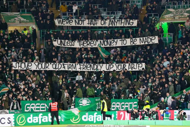 Celtic fans unfurled a banner against a proposed Old Firm friendly in Australia. (Photo by Craig Williamson / SNS Group)