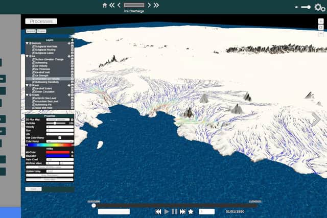 It's possible to zoom in and out, travel beneath the ice and select from a series of datasets to understand the full picture of change at Antarctica's Thwaites glacier - also known as the Doomsday glacier