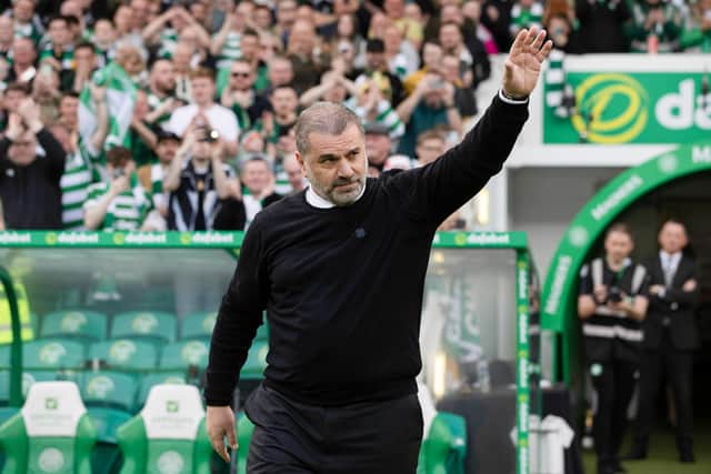 Ange Postecoglou salutes the Celtic fans at Parkhead.